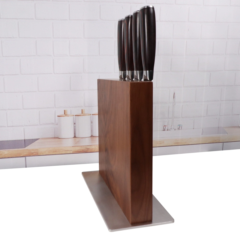 Amazon Hot Sell Stylish Walnut Wood Magnetic Knife Block Kitchen Walnut Magnetic Knife Holder with Metal Plate